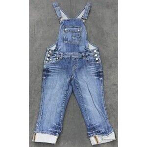 No Boundaries Denim Overalls Juniors Size 9 Medium Wash Distressed Capri Crops